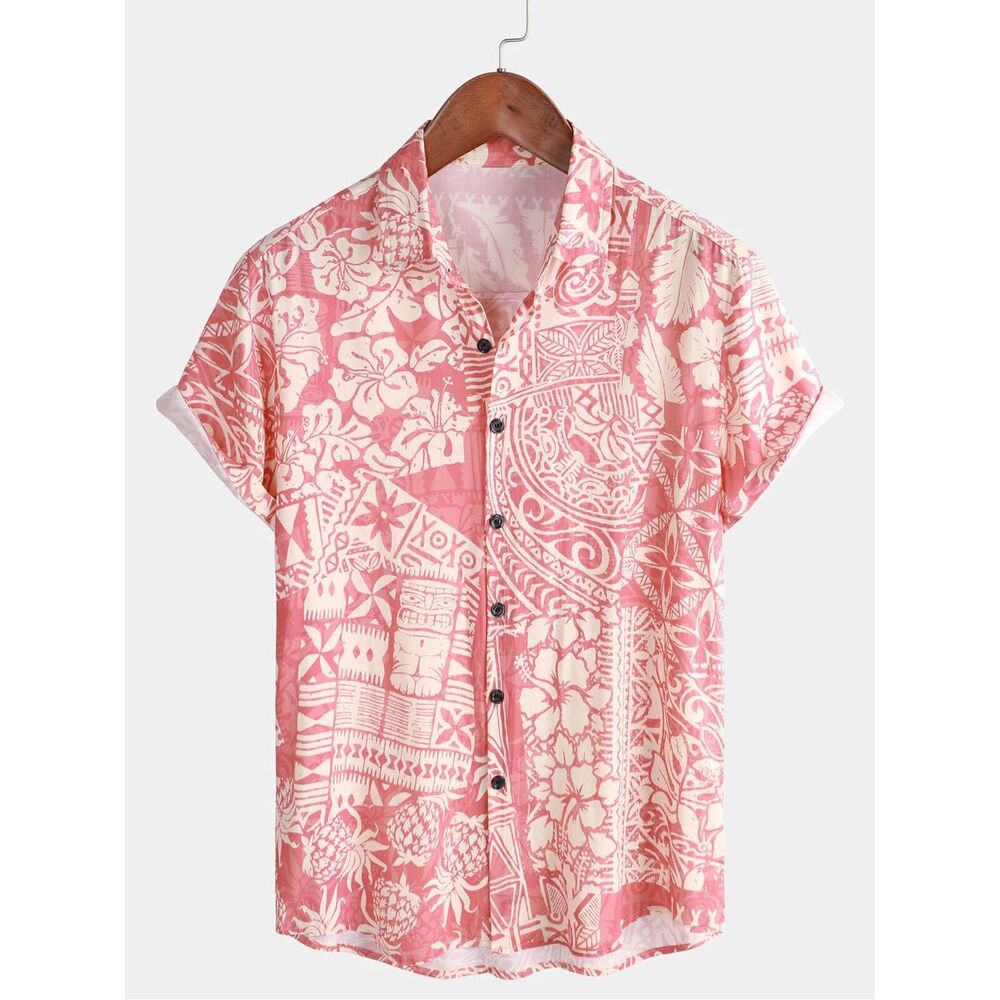 NWOT Men's Pink Tropical Floral Holiday Hawaiian Short Sleeve Button Up Shirt